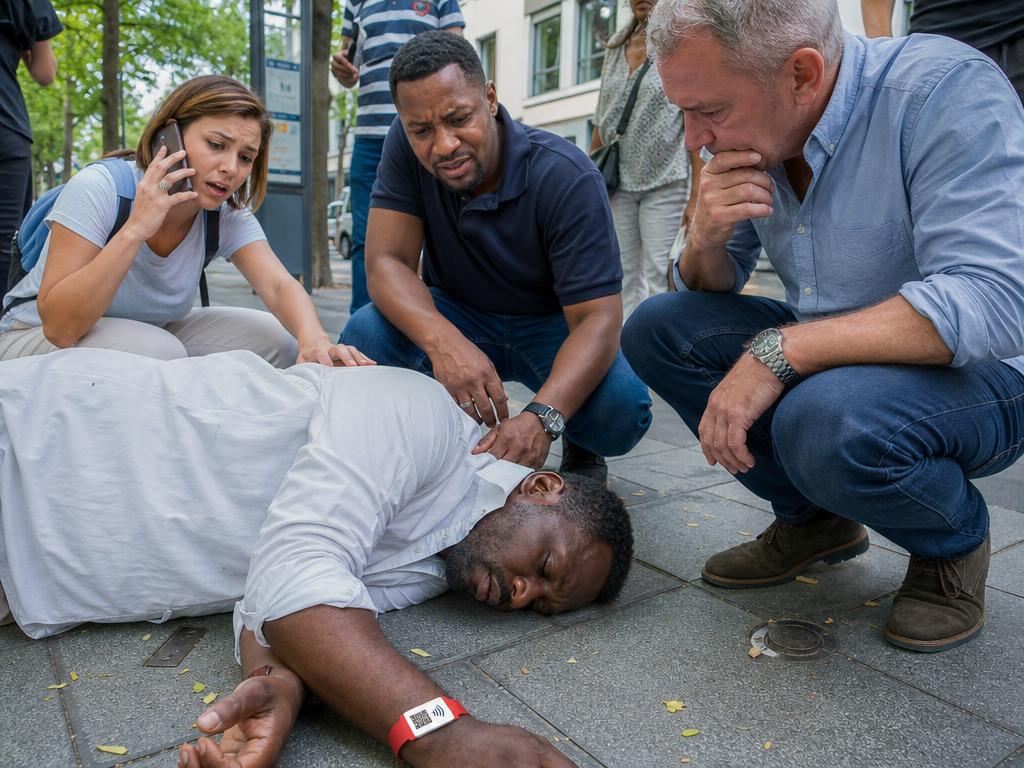 Homem inconsciente na rua com pulseira vermelha no pulso e transeuntes a socorrer