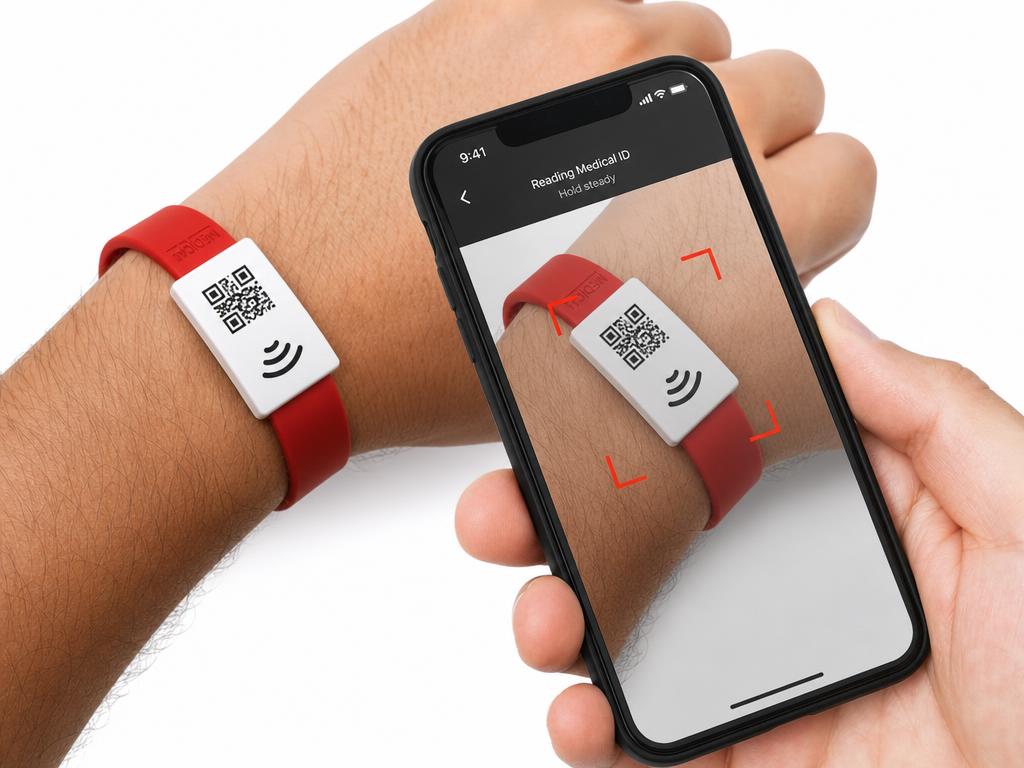 Telemóvel a ler o QR code e NFC de uma pulseira vermelha