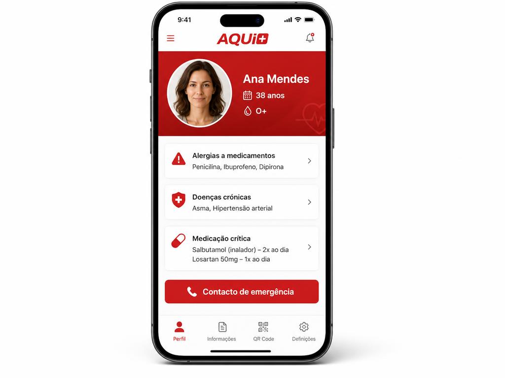 Telemóvel a mostrar a ficha médica de emergência AQUI+ com foto, nome, idade e dados críticos